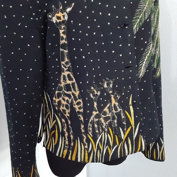 Vintage 80s Beaded Jacket Giraffe Embellished Safari 100% Cotton Button Front M - Picture 4 of 11